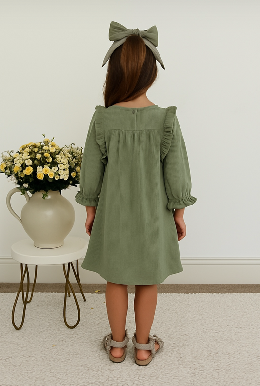 Wrinkled Cotton Long puffed sleeves Floral Dress 1-6 Y (Olive Green)