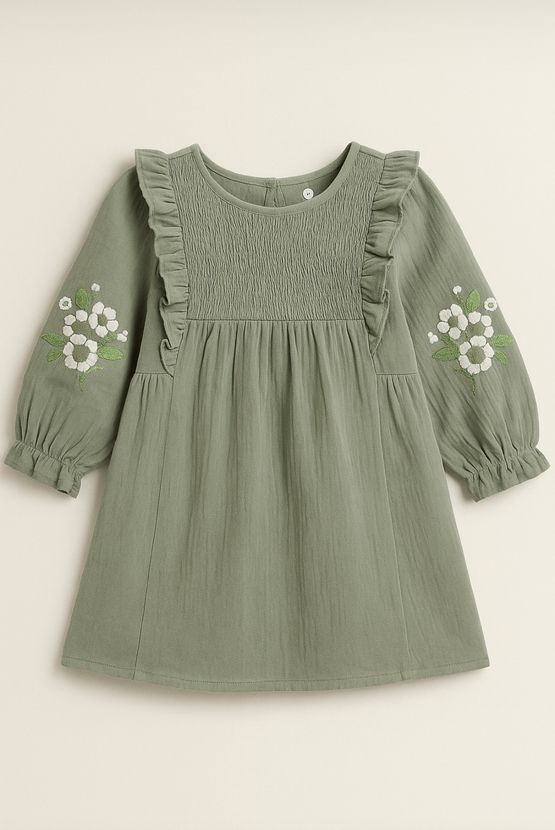 Wrinkled Cotton Long puffed sleeves Floral Dress 1-6 Y (Olive Green)