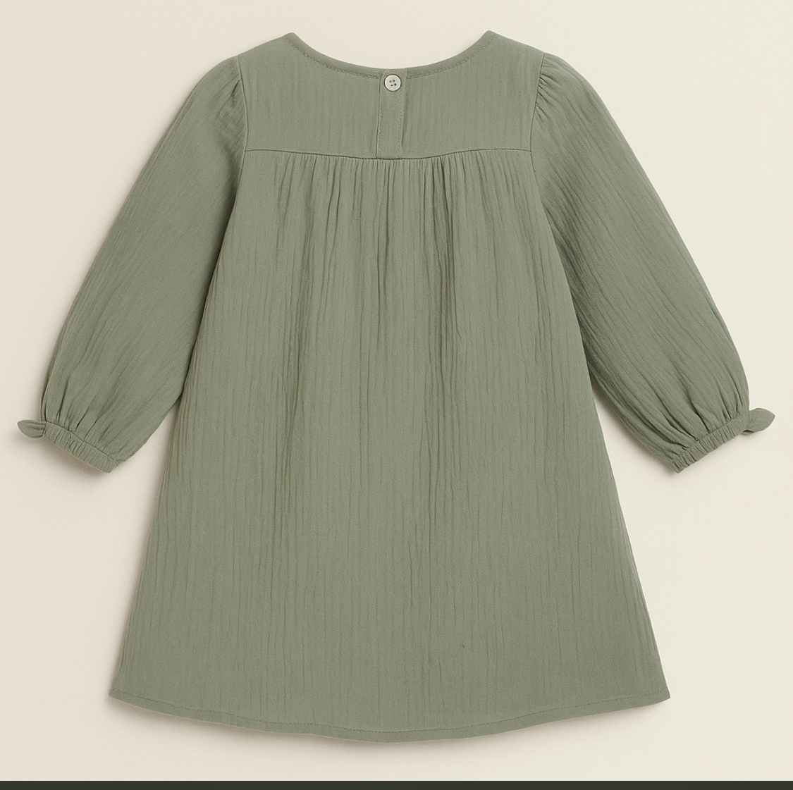 Wrinkled Cotton Long puffed sleeves Floral Dress 1-6 Y (Olive Green)