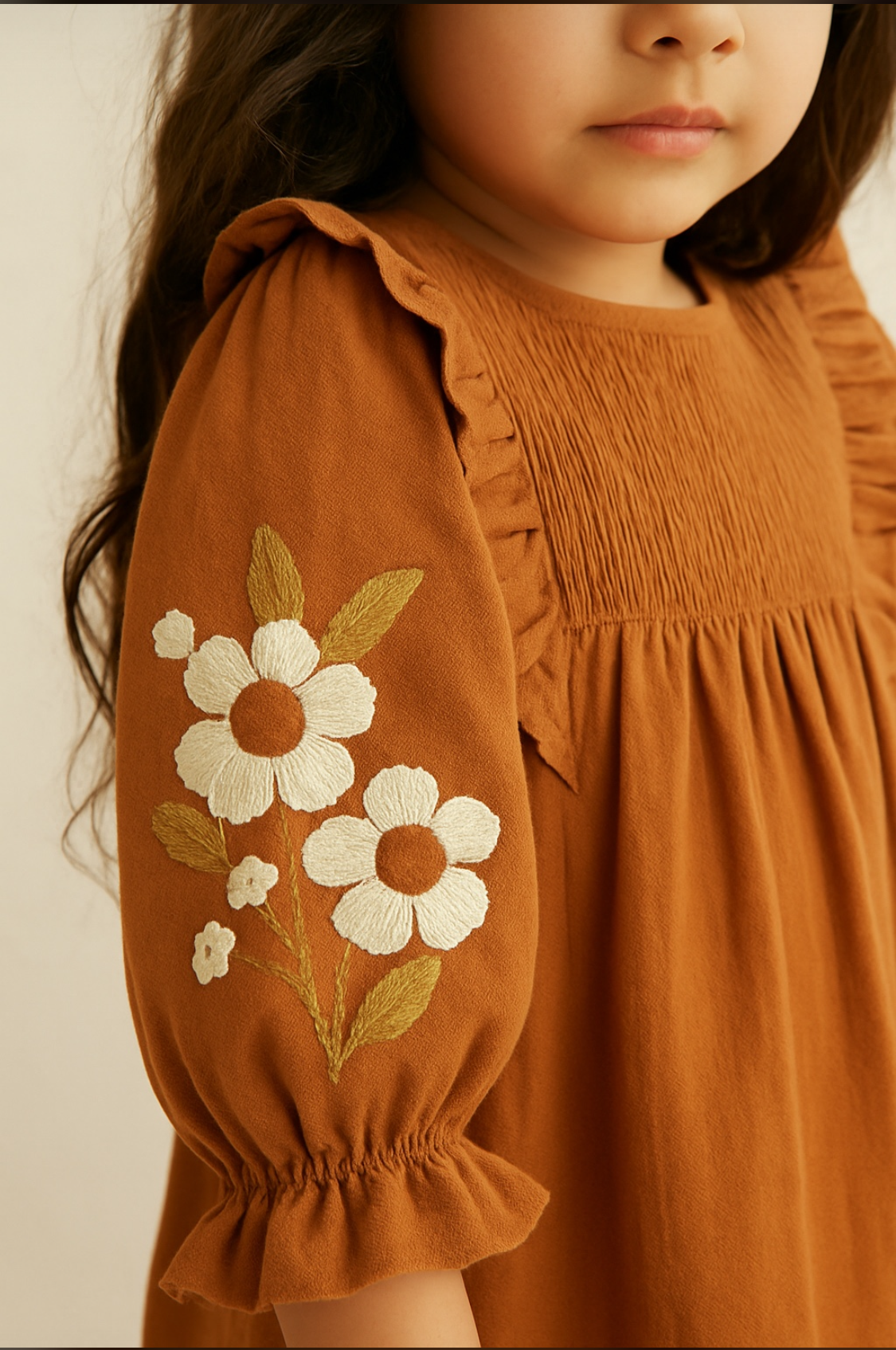Wrinkled Cotton Long puffed sleeves Floral Dress 1-6 Y (Brown)