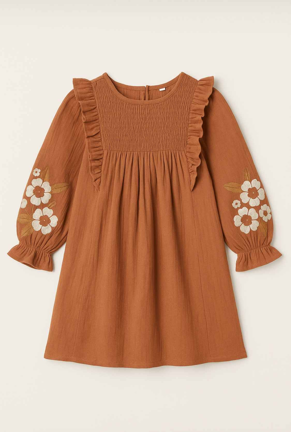 Wrinkled Cotton Long puffed sleeves Floral Dress 1-6 Y (Brown)