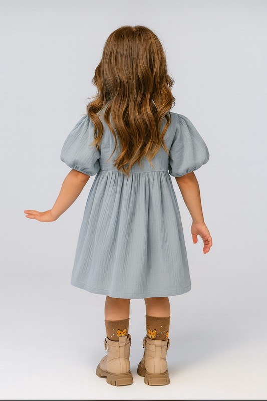 Wrinkled Cotton Floral Dress for 1 - 6 Years (powder blue crepe fabric)
