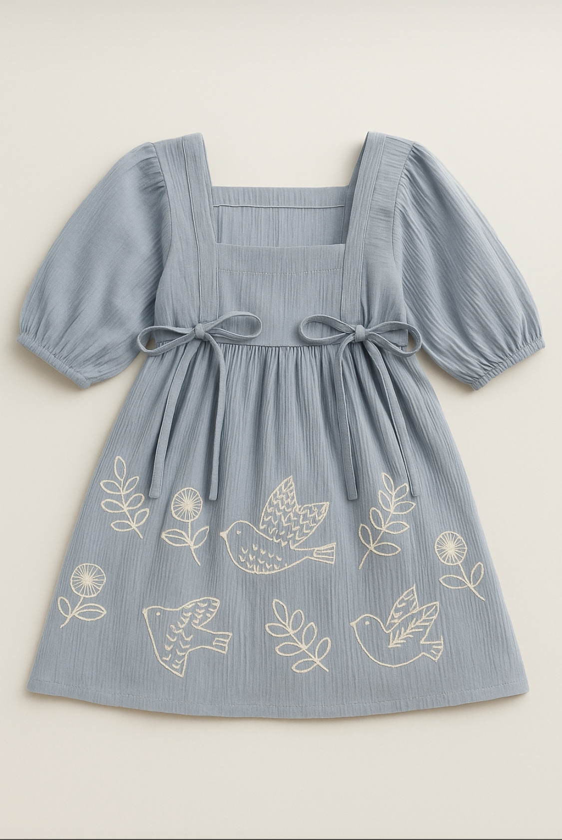 Wrinkled Cotton Floral Dress for 1 - 6 Years (powder blue crepe fabric)