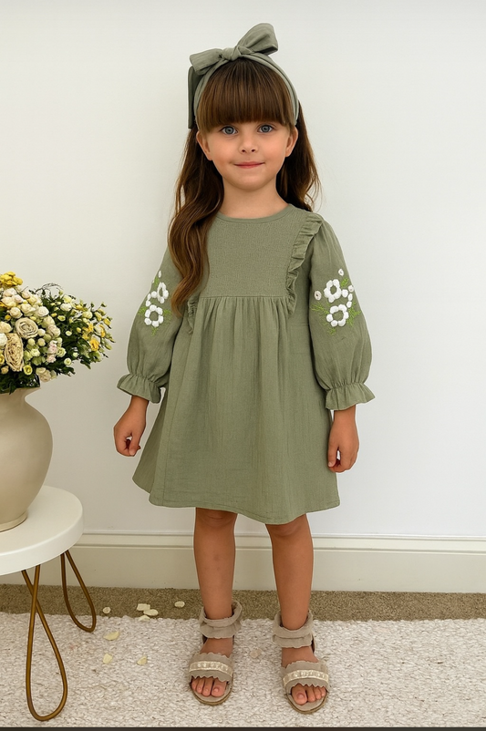 Wrinkled Cotton Long puffed sleeves Floral Dress 1-6 Y (Olive Green)