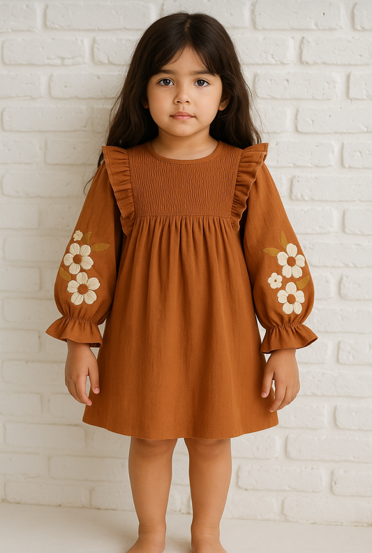 Wrinkled Cotton Long puffed sleeves Floral Dress 1-6 Y (Brown)