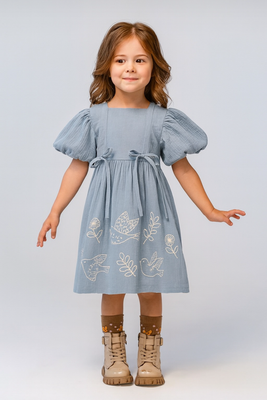 Wrinkled Cotton Floral Dress for 1 - 6  Years (powder blue crepe fabric)