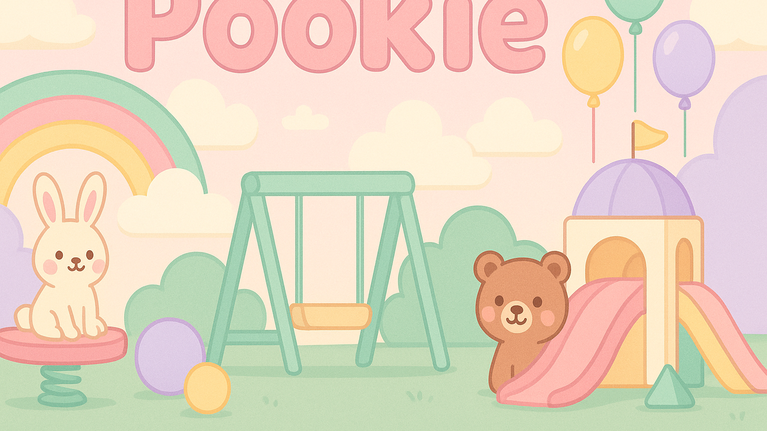 Create a image banner for kids clothing brand "Pookie". Should contain pastel colours and playful environment 